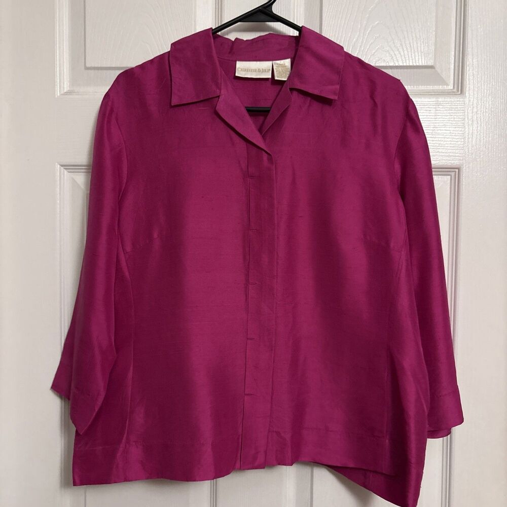 Christie & Jill  Women's Fushca  100% Silk Luxury Blouse 3/4 length Sleeve, sz L